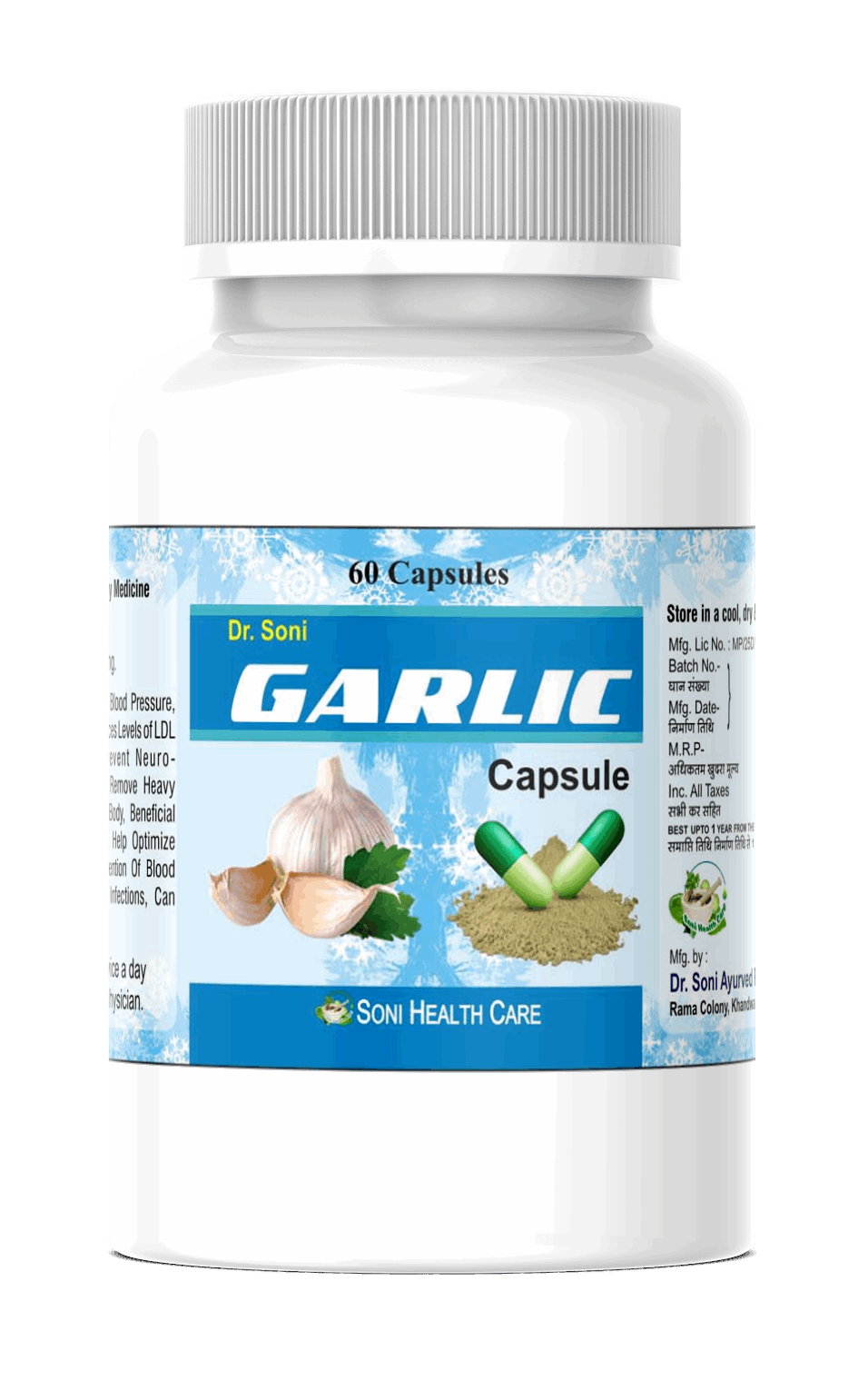 Dr. Soni Natural & Pure Garlic Capsules,Heart Health & Cholesterol Management,Dietry Supplement Capsule 500mg (60 - Veg Capsules)