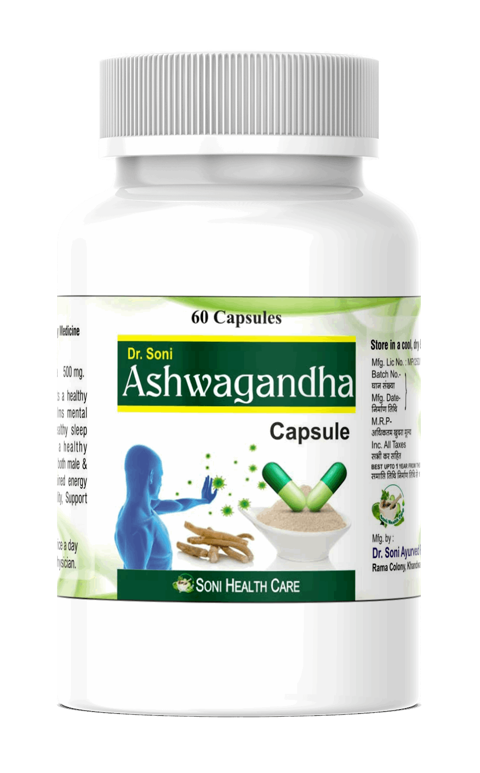 Dr.Soni Ashwagandha ayurvedic capsule stress relief Capsules for Improves Muscles Strength, Energy and Immunity Booster,Stress, Ashwagandha Capsules (Pack of 60 Capsules ),Ashwagandha Ayurvedic Capsules